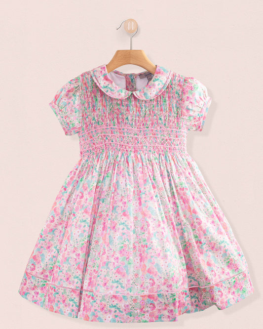 Emma Liberty Hollyhocks Pink Smock - Smocked Dress
