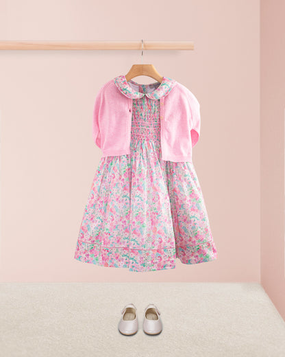 Emma Liberty Hollyhocks Pink Smock - Smocked Dress