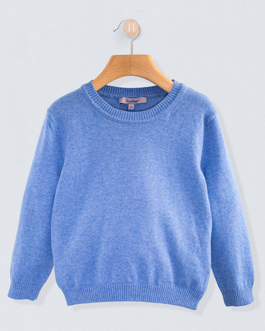 Front view of the Arthur Mélange Cotton Crew Neck sweater in jean color with a ribbed crew neckline and cuffs hanging on a wooden hanger