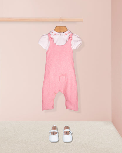Aspen Candy Mélange pink knit overall paired with white embroidered collar onesie and white shoes