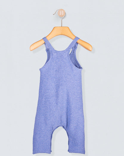 Back view of the Aspen Jean Mélange Overall showing full length and texture in denim blue cotton knit