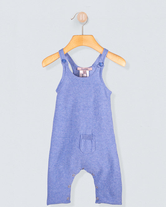  Aspen Jean Mélange cotton knit overall hanging on a wooden hanger with front pocket detail