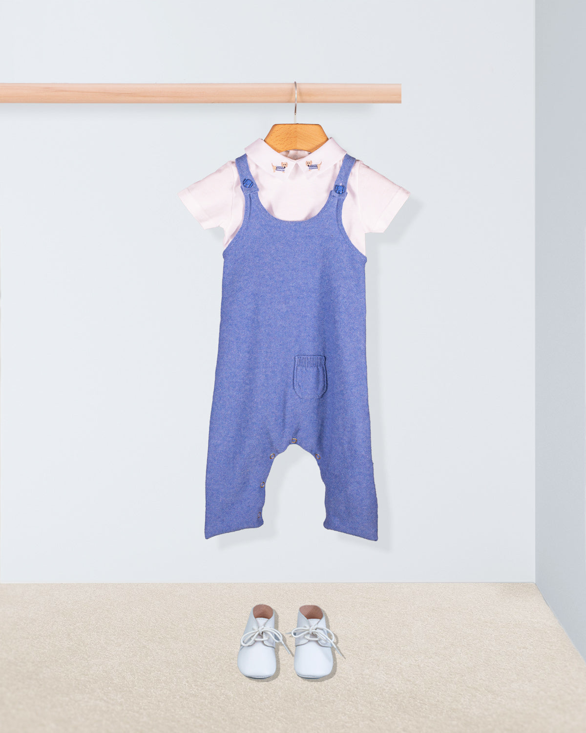 Aspen Jean Mélange Overall styled with white collar onesie and white shoes arranged below