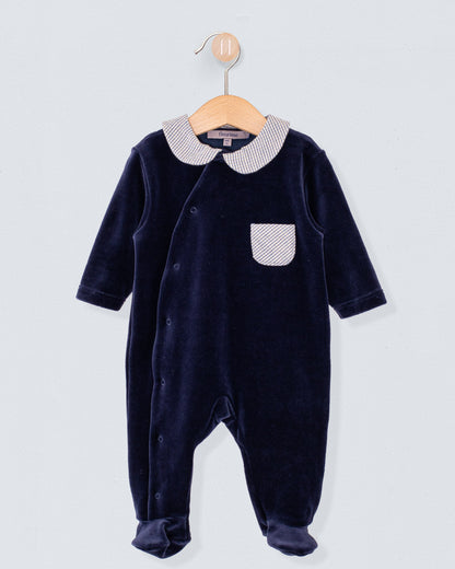 Navy Velour Collar Footie - Layette
