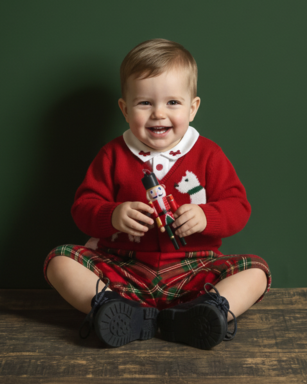 Child wearing a red sweater and plaid skirt sitting on a wooden floor against a green wall.