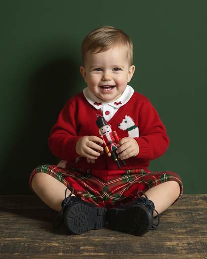 Child wearing a red sweater and plaid skirt sitting on a wooden floor against a green wall.