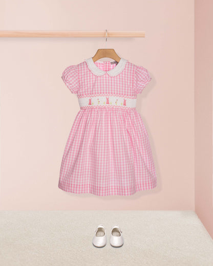 Pink checkered dress with white collar and belt on a hanger against a pink wall.