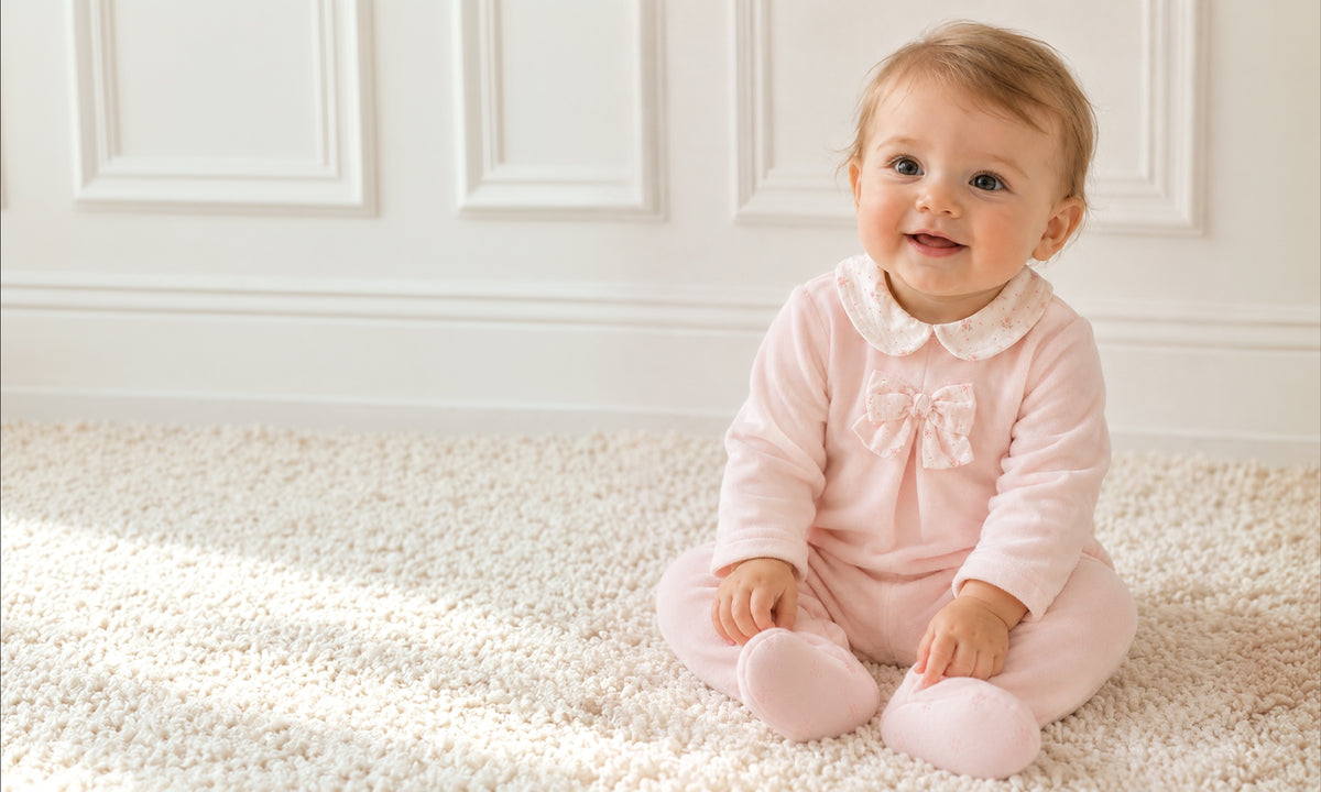 Smiling baby sitting on a white carpet, with a white french molding wall behind her, wearing a pink velour footie with a white and pink floral bow at the chest area and white floral collars.