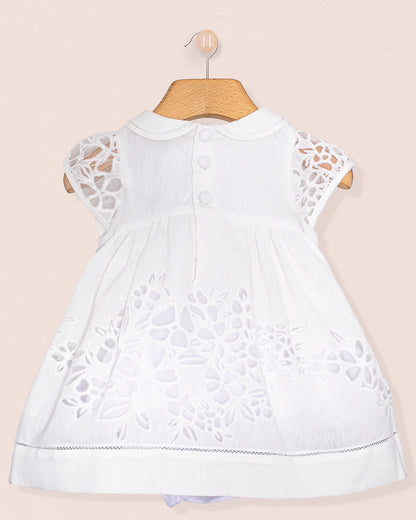 Back view of the Baby Emmy Doppia White Smock Dress Set, showing back buttons and matching diaper cover.