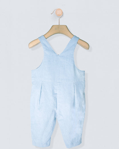 Light blue overalls hanging on a wooden hanger against a light gray background