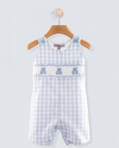 Bear Blue Gingham Linen Smocked Romper - Romper