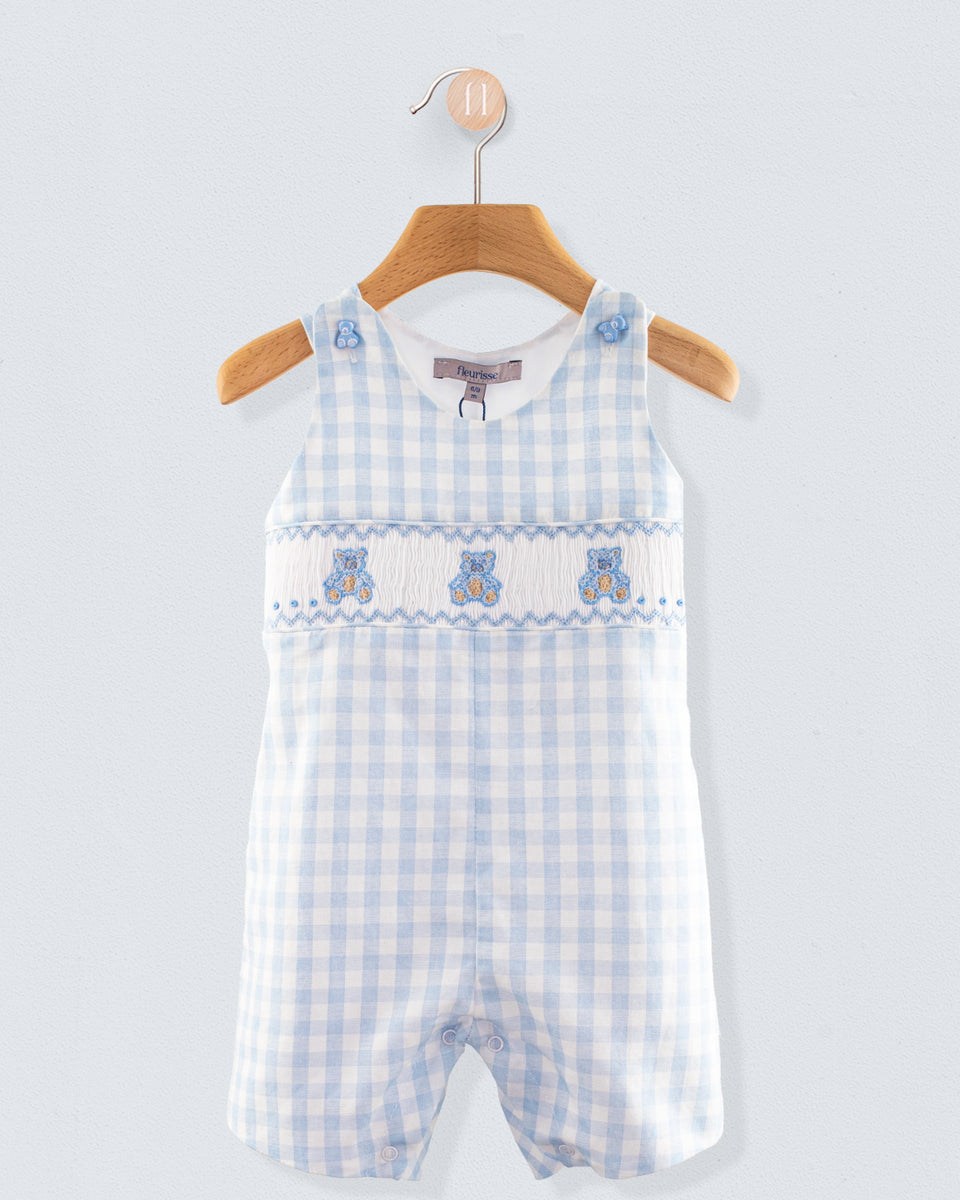 Bear Blue Gingham Linen Smocked Romper