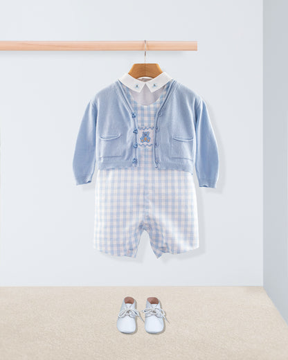 Bear Blue Gingham Linen Smocked Romper - Romper