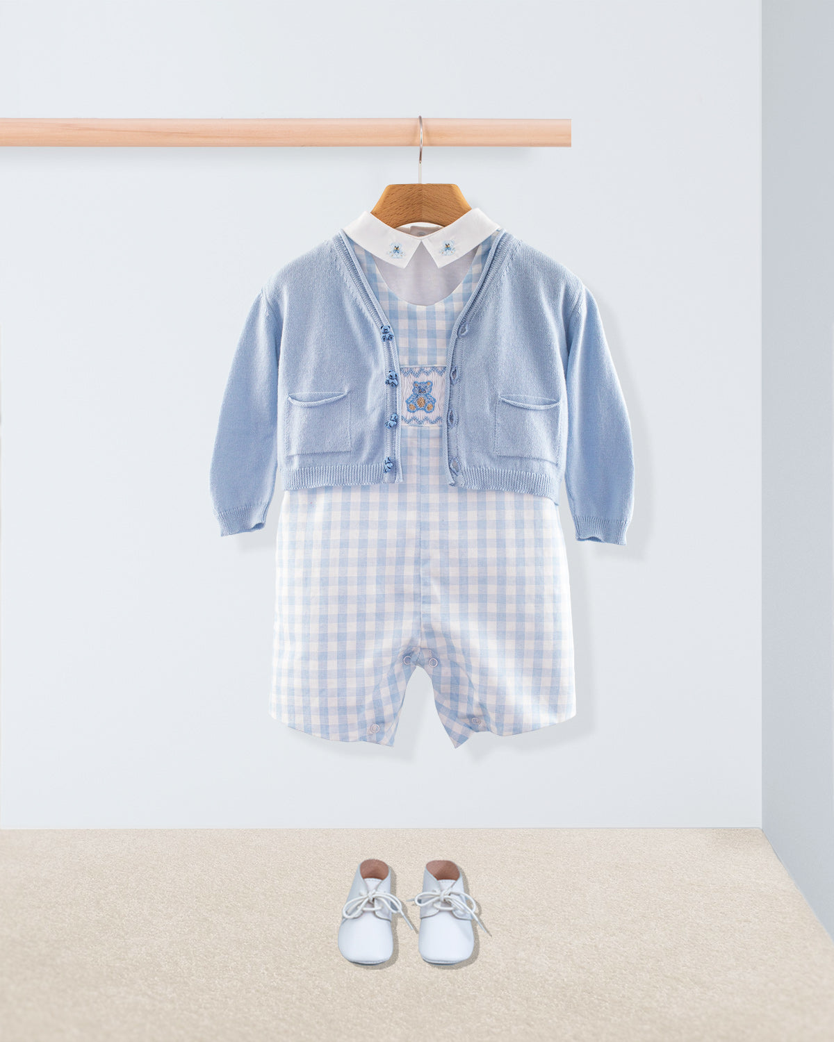 Bear Blue Gingham Linen Smocked Romper