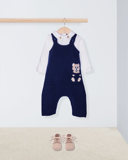 Navy blue romper with teddy bear design on a white background