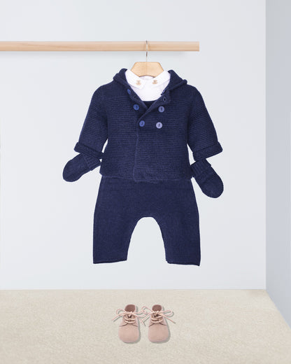 Navy blue baby outfit with matching hat, mittens, and shoes on a white background.