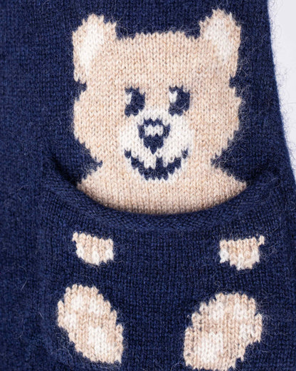 Navy blue sock with a beige bear face design
