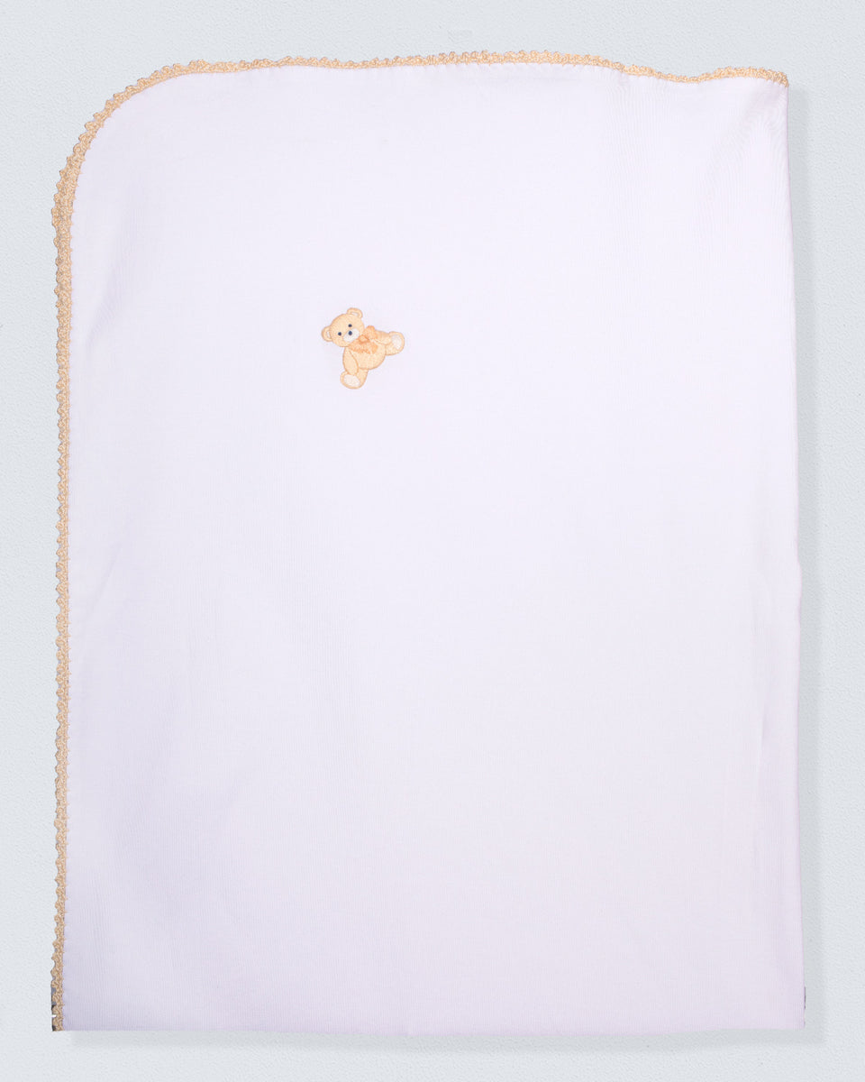 Pima Beige Bear Embroidered Receiving Blanket