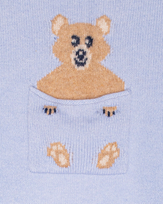 Light blue cashmere blanket with a teddy bear design.