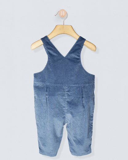 back of blue corduroy overalls on a wooden hanger against a light gray background