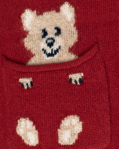 Red sweater with a knitted bear design on a red background