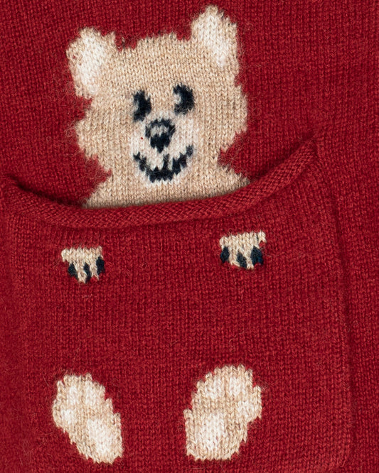 Red sweater with a knitted bear design on a red background