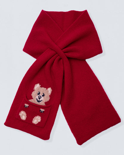 Red cashmere scarf with a teddy bear design on a light gray background