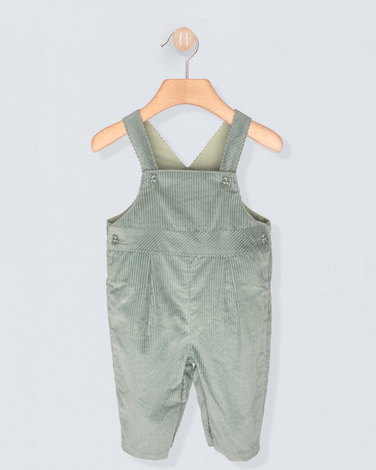 Green velvet corduroy overalls hanging on a wooden hanger against a light gray background