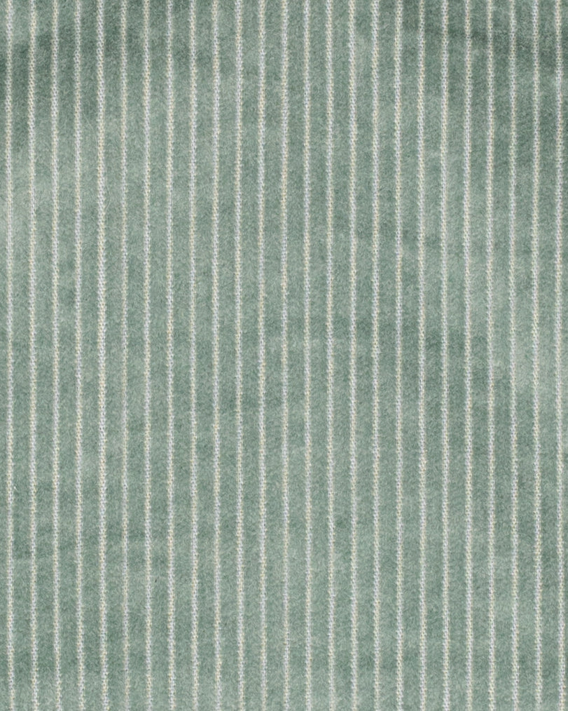 close-up of green corduroy overall fabric with vertical stripes in a neutral color