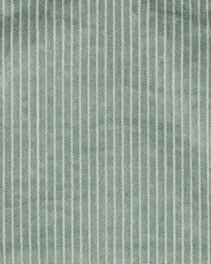 close-up of green corduroy overall fabric with vertical stripes in a neutral color