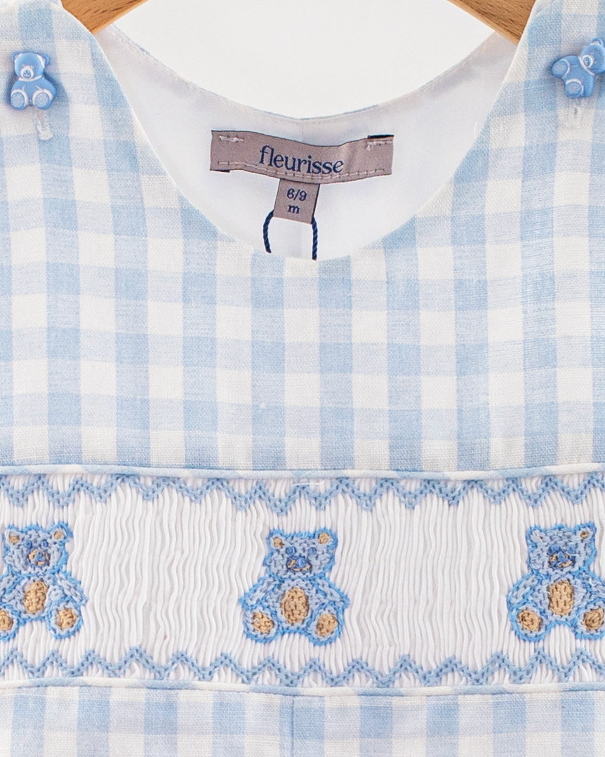 Bear Blue Gingham Linen Smocked Romper - Romper
