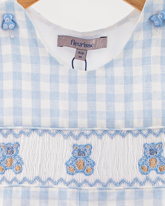 Bear Blue Gingham Linen Smocked Romper - Romper