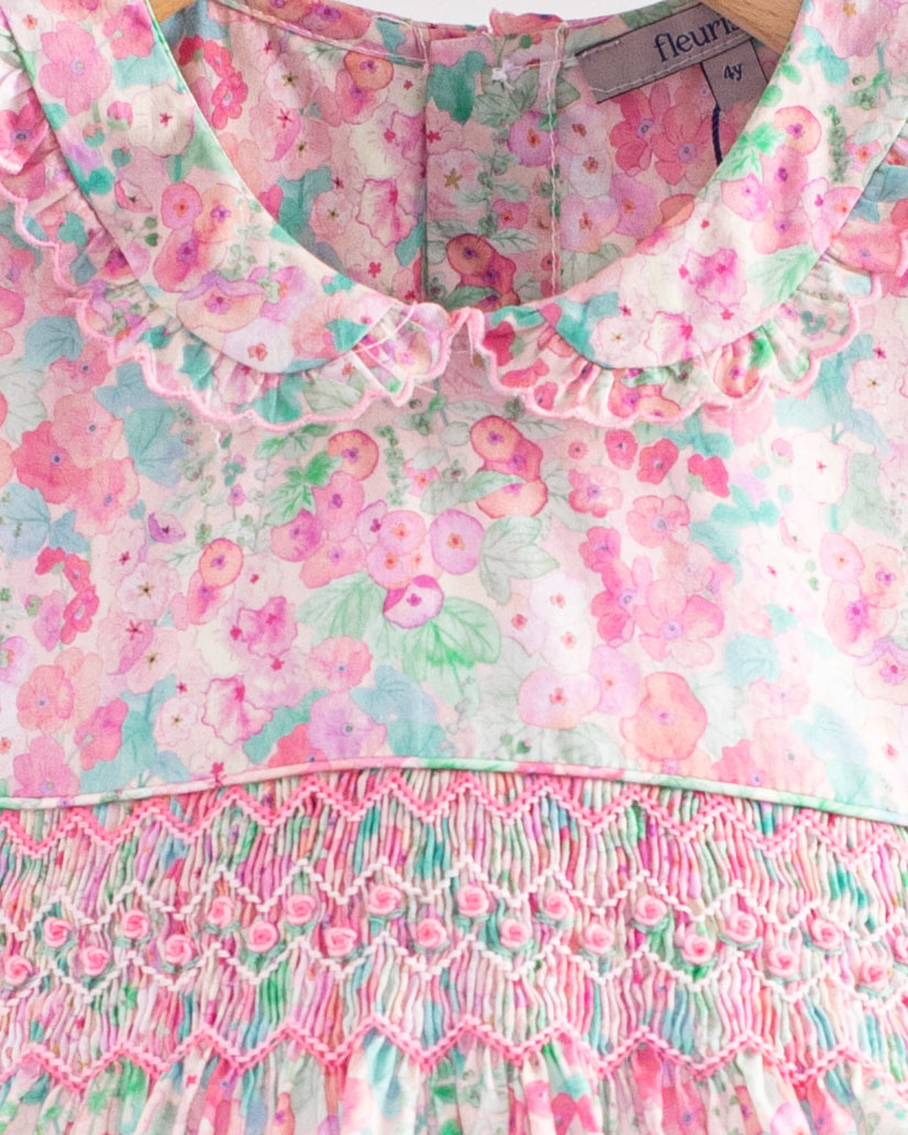 Florence Liberty Hollyhocks Pink Smock - Smocked Dress
