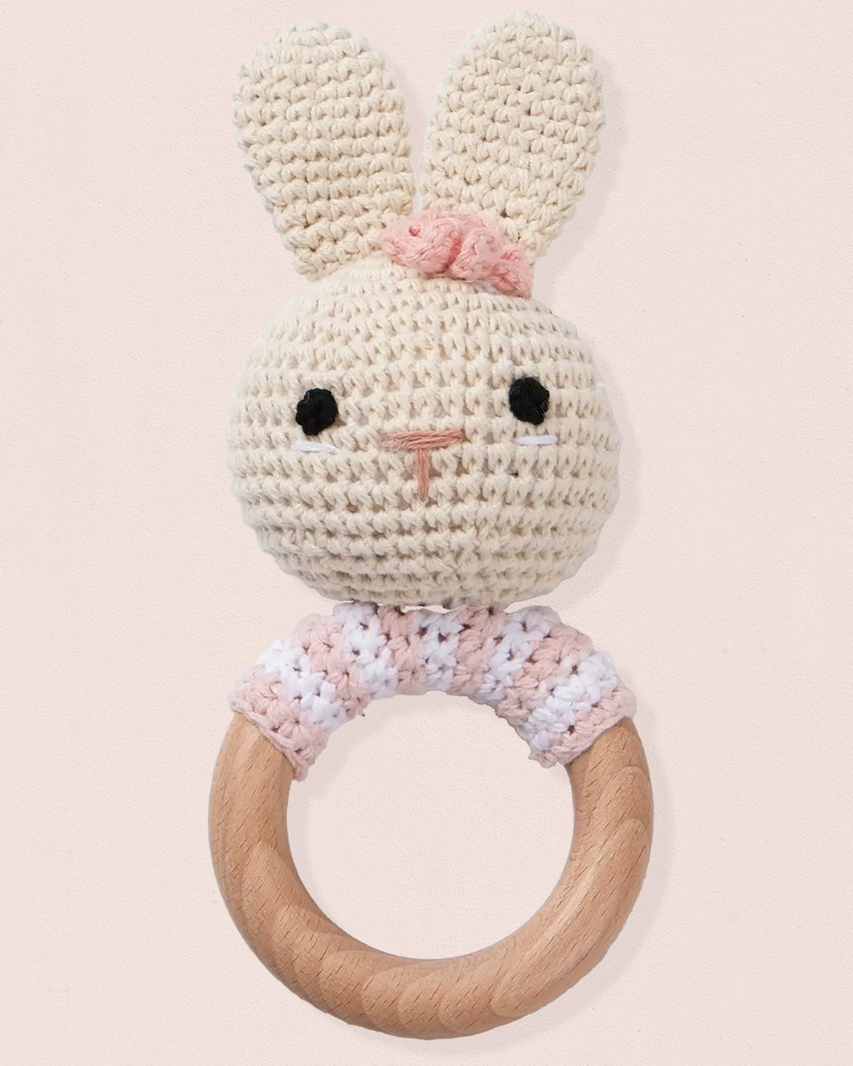 Crocheted Flower Bunny Pink Rattle Toy
