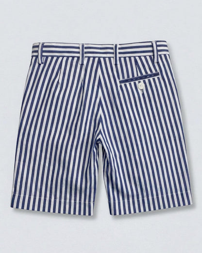 back of a pair of blue and white striped shorts with 4 visible belt loops and a white button and pocket on the right side, against a grey background