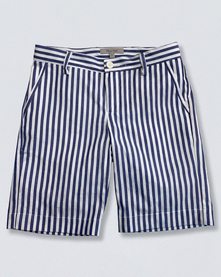 blue and white striped shorts with pockets, 2 visible belt loops and a white button, against a grey background