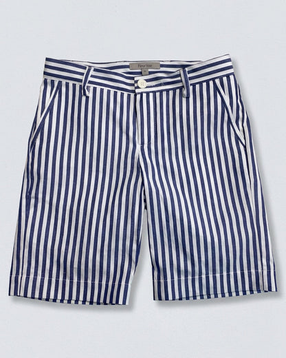 blue and white striped shorts with pockets, 2 visible belt loops and a white button, against a grey background