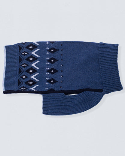 Cashmere sweater for dogs, with ocean blue color, and dark blue and white diamond shapes and chevrons.