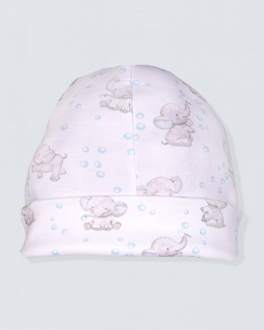 Baby hat with elephant pattern on a light gray background