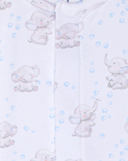 Pattern of baby elephants and blue bubbles on a white background