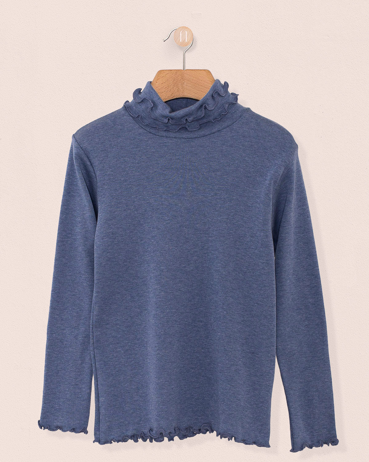 Ruffle Turtleneck Italian Brushed Cotton Blue Melange - Jersey