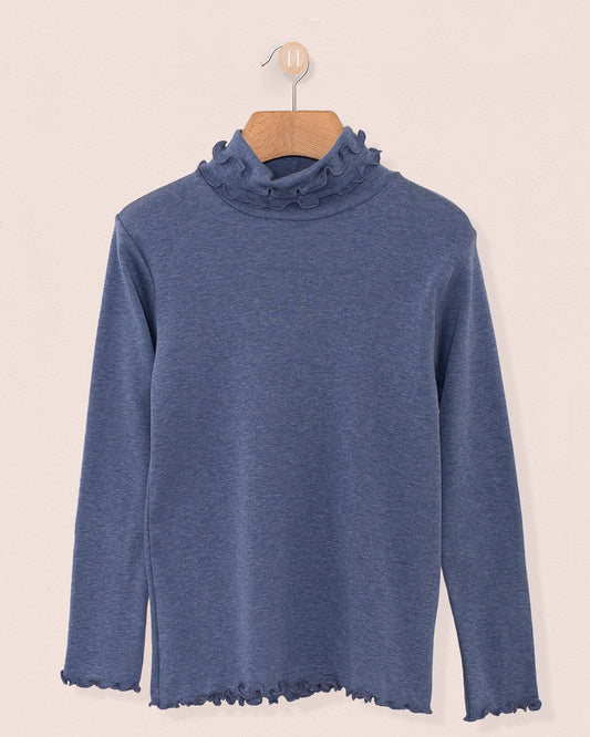 Ruffle Turtleneck Italian Brushed Cotton Blue Melange - Jersey