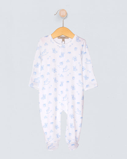 Baby onesie with blue floral pattern on a hanger against a light gray background