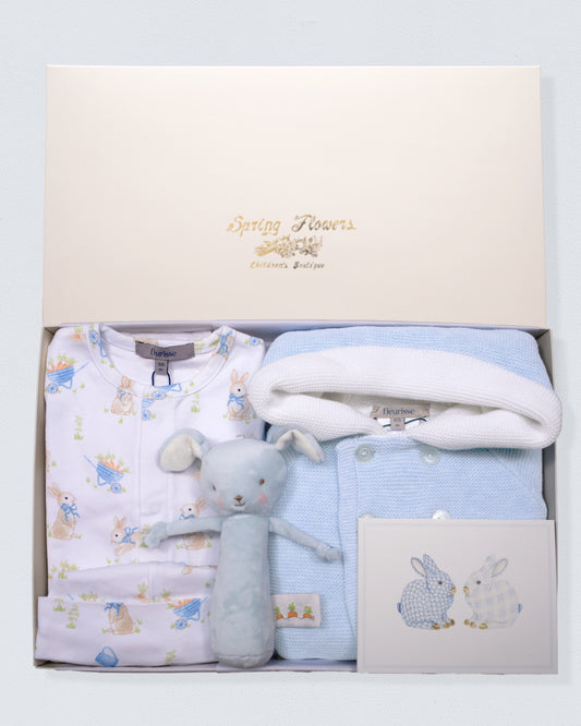 Baby gift set with clothes, knit jacket, and toy in a box labeled 'Spring Flowers'.