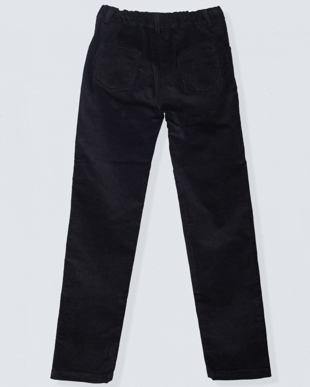 Back view of the Bradley Italian black Corduroy Pant, highlighting the elastic waistband and two rear patch pockets.
