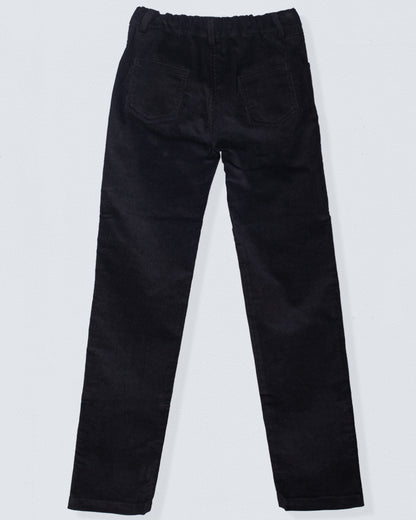 Back view of the Bradley Italian black Corduroy Pant, highlighting the elastic waistband and two rear patch pockets.