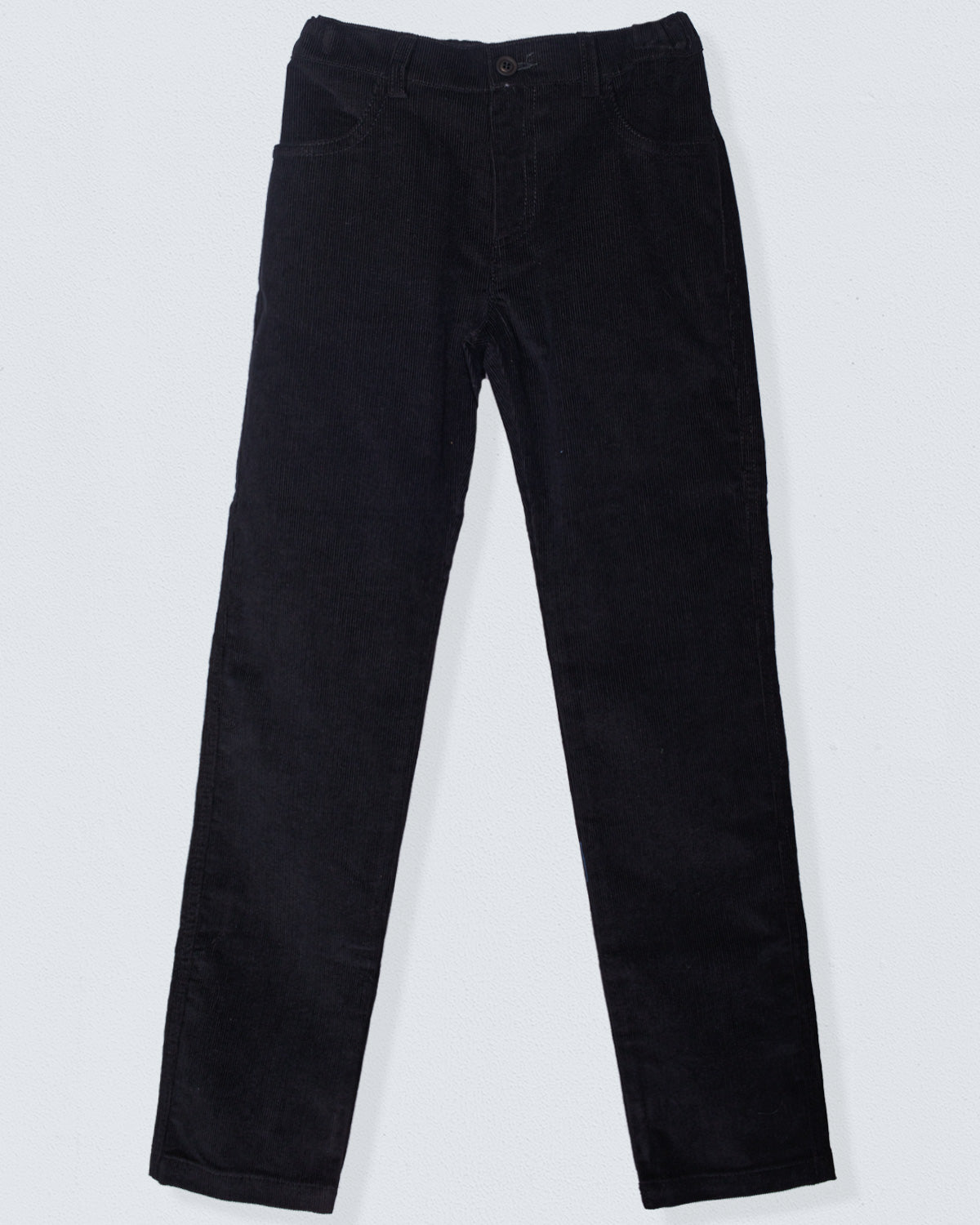Front view of the Bradley Italian black Corduroy Pant laid flat, showcasing its fine wale texture, straight-leg silhouette, and tailored waistband with a faux button.