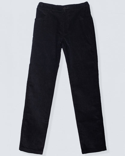 Front view of the Bradley Italian black Corduroy Pant laid flat, showcasing its fine wale texture, straight-leg silhouette, and tailored waistband with a faux button.
