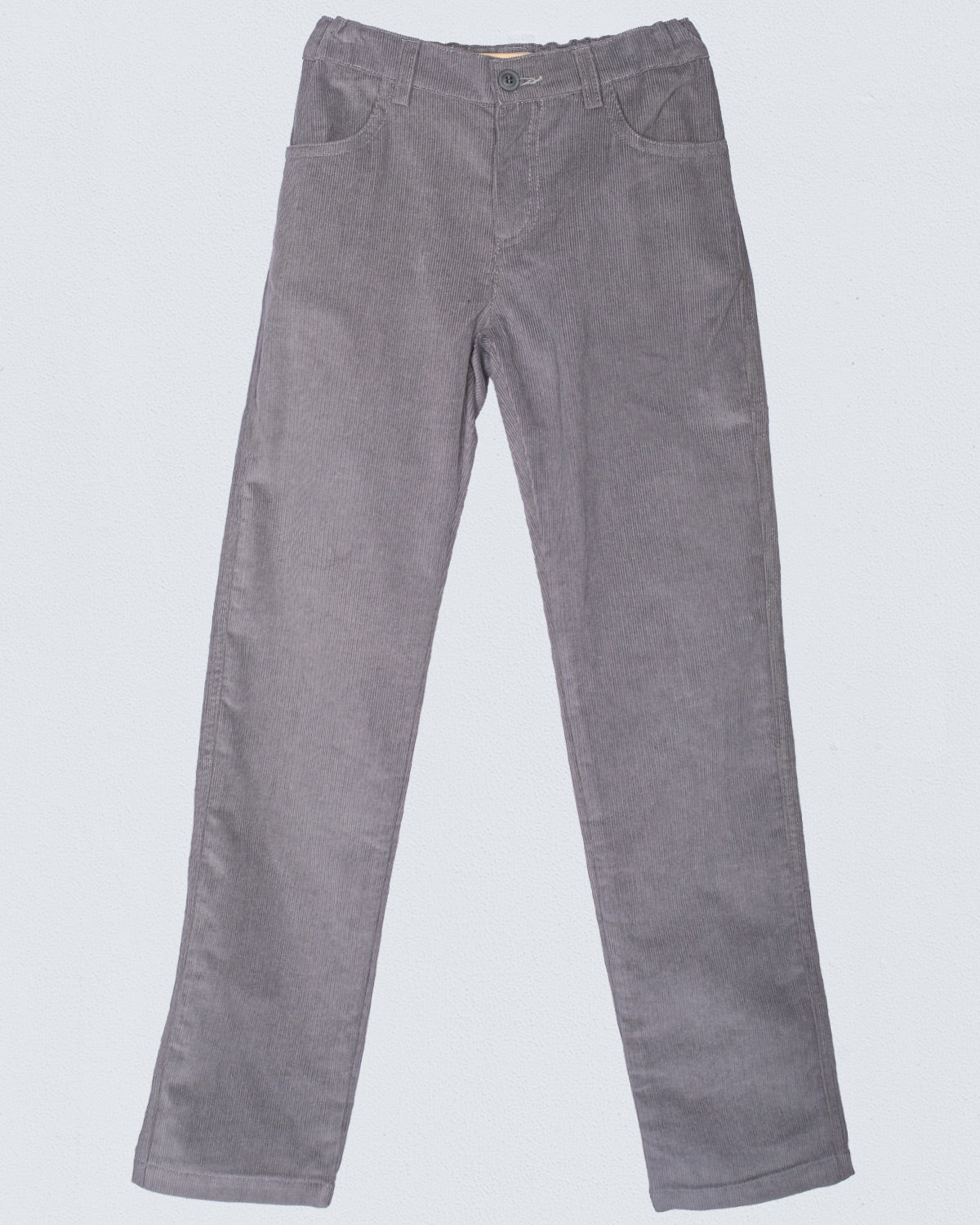 Front view of the Bradley Italian grey Corduroy Pant laid flat, showcasing its fine wale texture, straight-leg silhouette, and tailored waistband with a faux button.