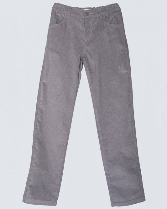 Front view of the Bradley Italian grey Corduroy Pant laid flat, showcasing its fine wale texture, straight-leg silhouette, and tailored waistband with a faux button.
